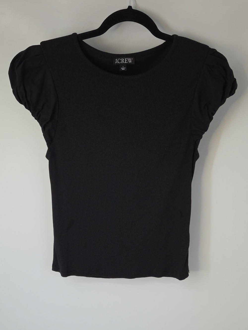 J. Crew Black Ribbed Puffed Cap Sleeve Crew Neck Tee Sz:Large Neutral Minimalist